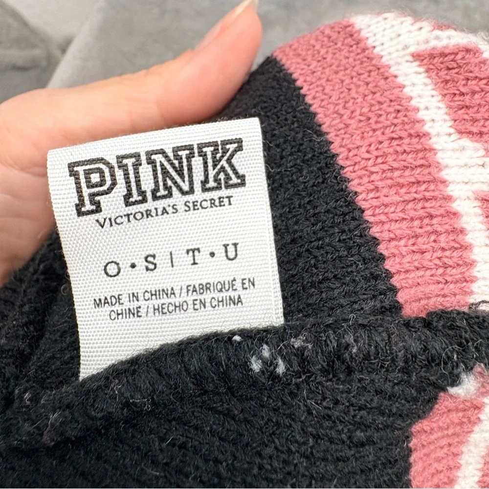 Pink Victorias Secret Beanie Stocking Cap One Size Pink Nation Knit Pink White